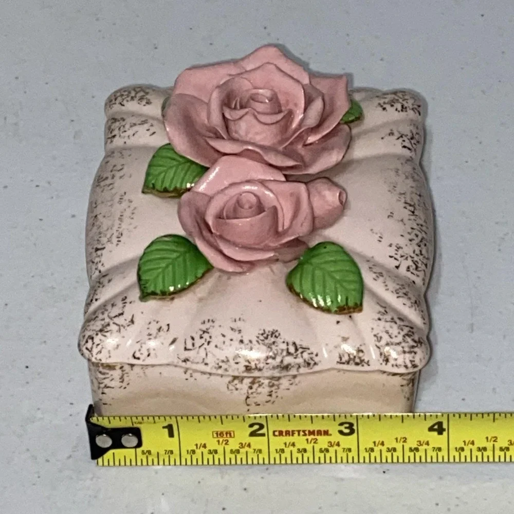 Vintage Made In Occupied Japan Rose Trinket Dish Pink Floral Jewelry Box Rare